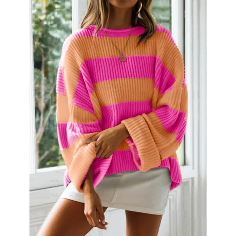 Women's Pink Orange Pullover Drop Shoulder Long Sleeve Retro Stripe Fall Sweater - Picture 2 of 3